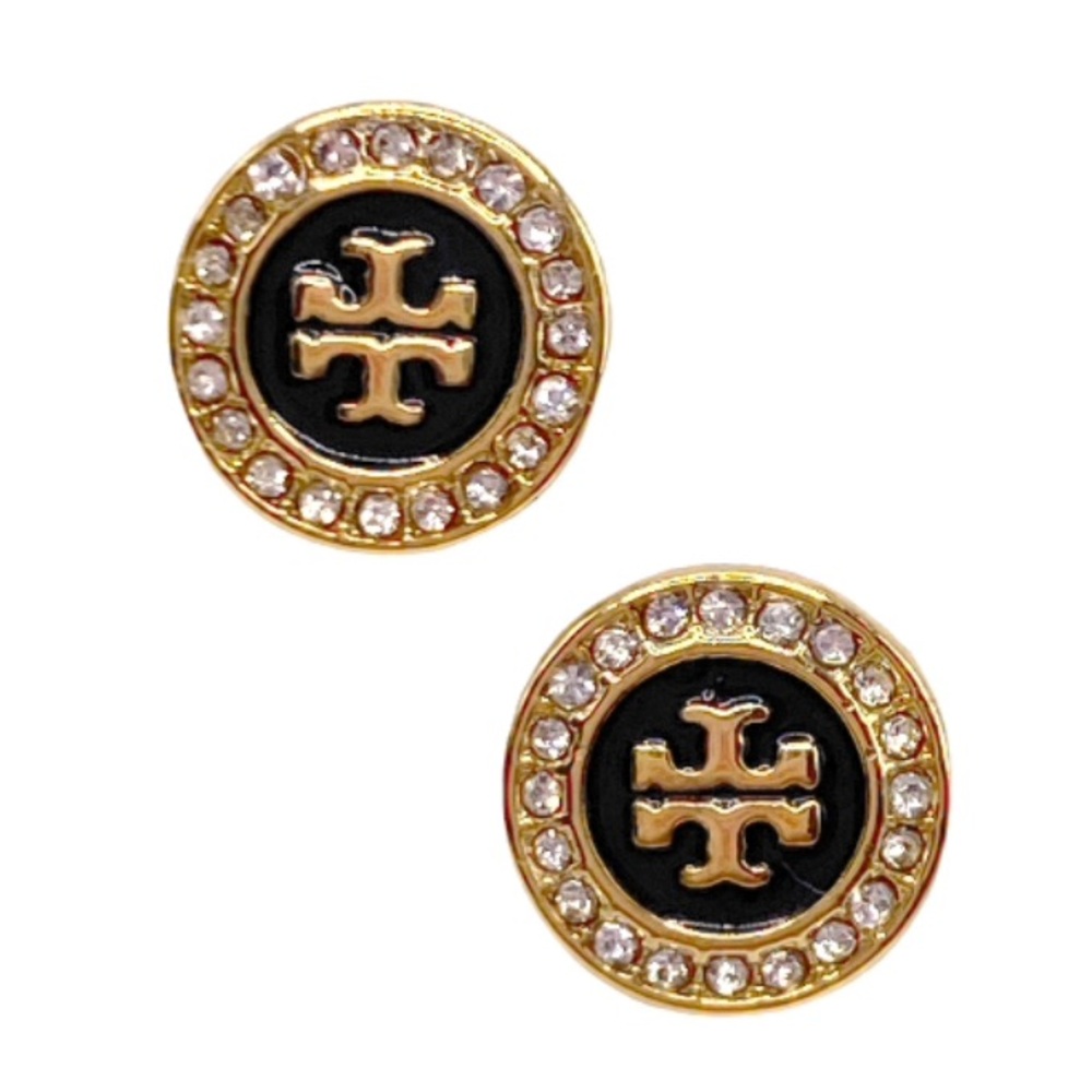 Tory Burch black enameled logo stud earrings in gold.